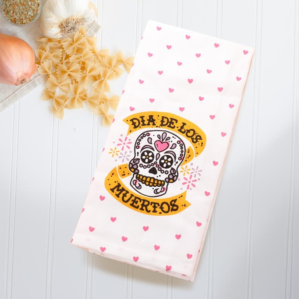 White "DIA DE LOS MUERTOS" Sugar Skull Pink Heart Printed Tea Hand Kitchen Towel